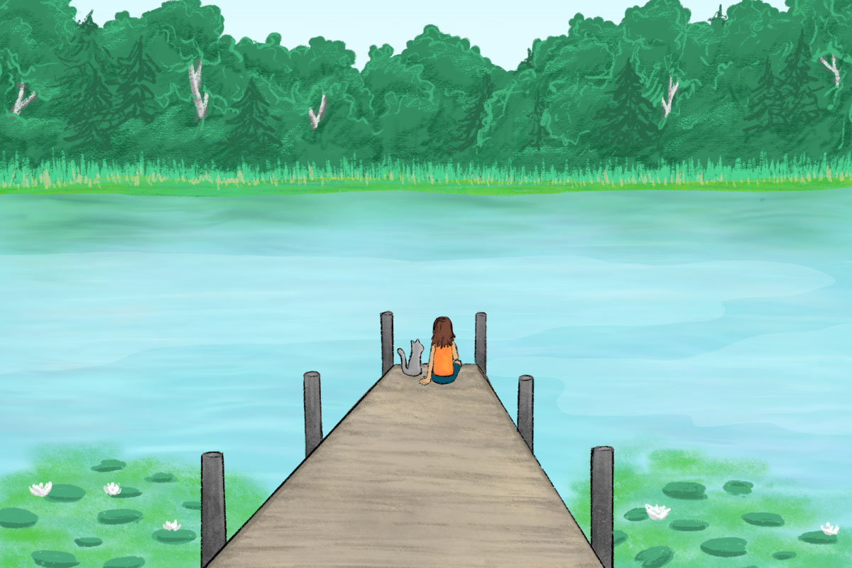 A little girl and a gray cat sitting at the end of a pier looking over The Magic Lake